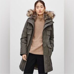 TNA Aritzia XS Olive Green Faux Fur Lined Military Style Parka Coat